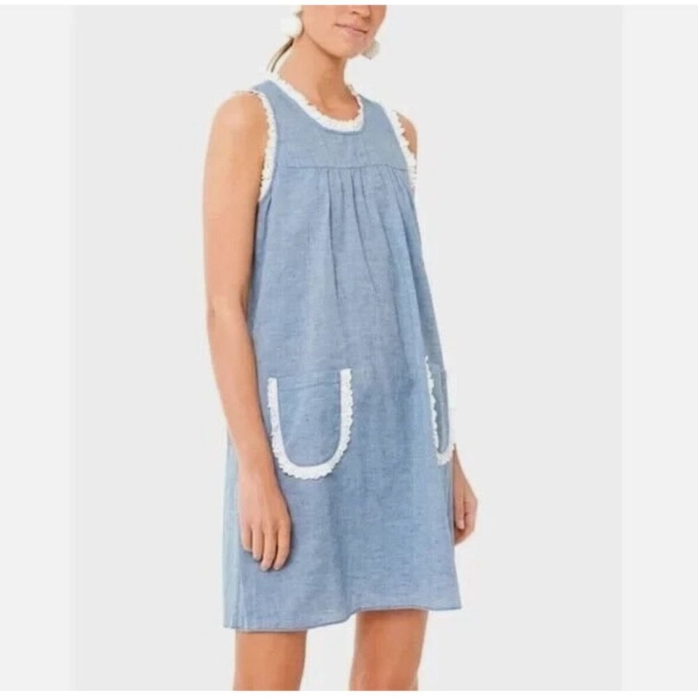 Tuckernuck Chambray Lotte Blue Dress Lace Trim M pockets cottagecore cover-up